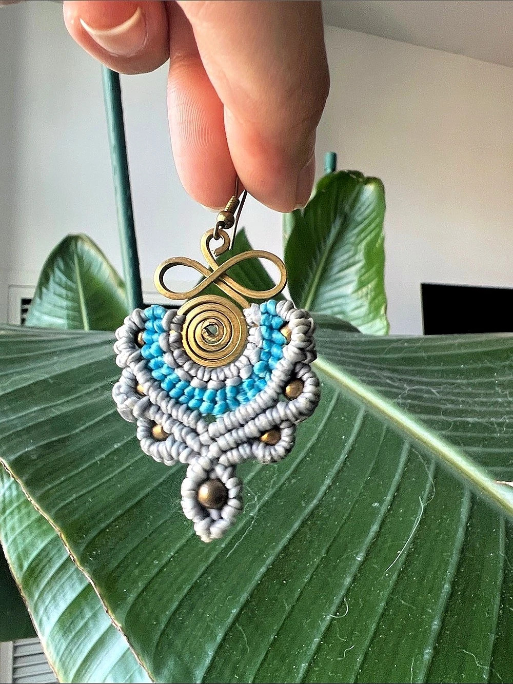 Cambodian Handmade Beaded and thread Earrings in Gray & Blue